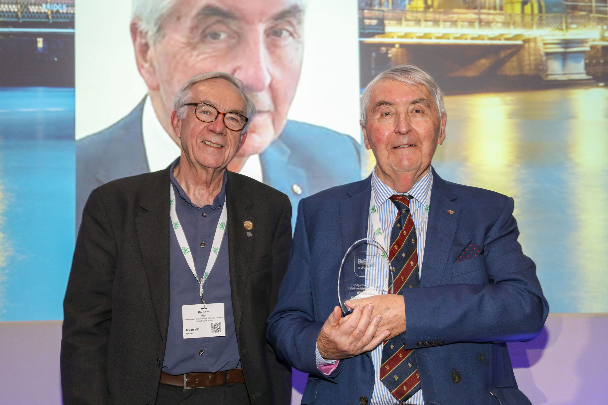 The Bridge Owners Forum Lifetime Achievement Award was presented by Richard Fish, Independent Consultant and Technical Secretary, Bridge Owners Forum, to Donald Pearson-Kirk, Technical Director, WSP